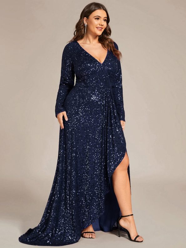 Custom Size Sequin Long Sleeve V-Neck High Slit Bodycon Evening Dress - Navy Blue