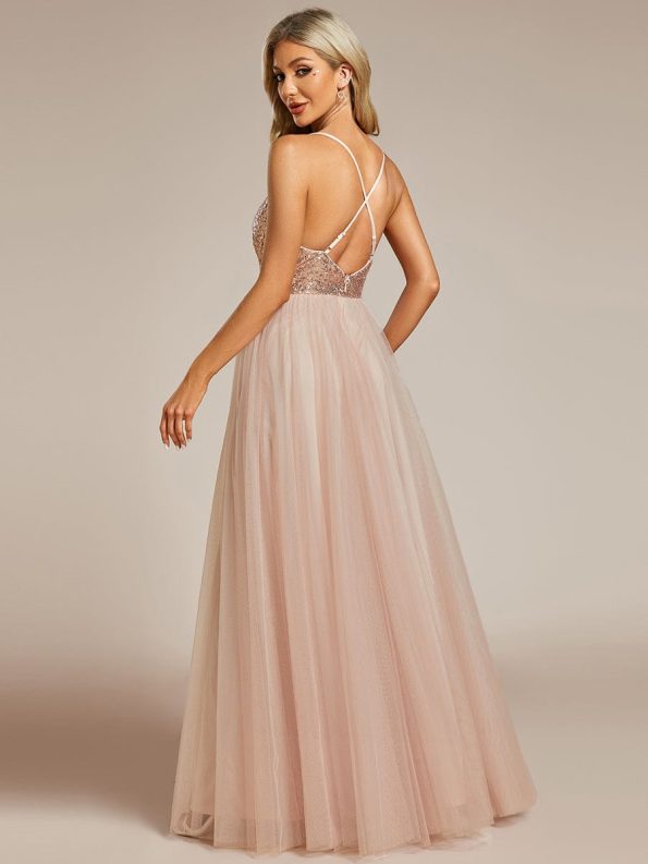 V-Neck Sequins and Tulle Backless Formal Evening Dress - Rose Gold