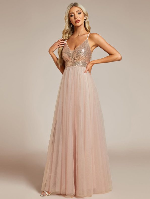 V-Neck Sequins and Tulle Backless Formal Evening Dress - Rose Gold