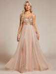 V-Neck Sequins and Tulle Backless Formal Evening Dress – Rose Gold