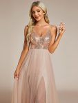 V-Neck Sequins and Tulle Backless Formal Evening Dress – Rose Gold