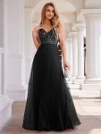 High-Waist V-Neck Sequined Bodice Sleeveless Backless Formal Evening Dress – Black