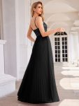 High-Waist V-Neck Sequined Bodice Sleeveless Backless Formal Evening Dress – Black