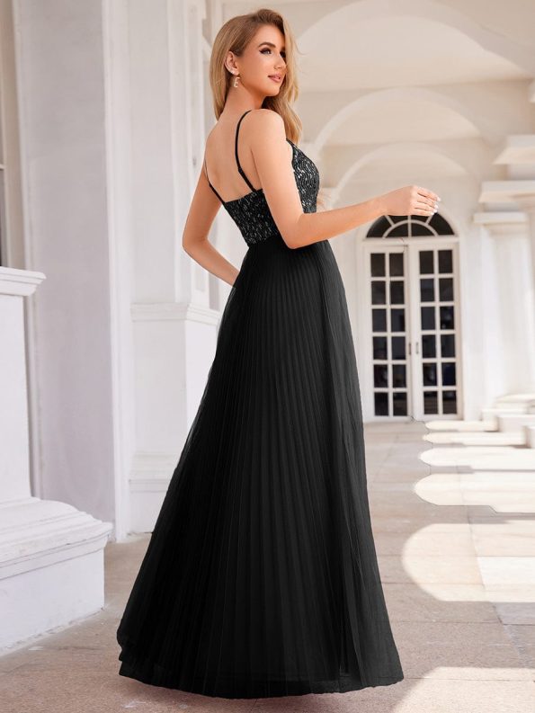 High-Waist V-Neck Sequined Bodice Sleeveless Backless Formal Evening Dress - Black