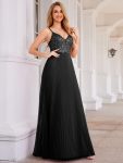 High-Waist V-Neck Sequined Bodice Sleeveless Backless Formal Evening Dress - Black