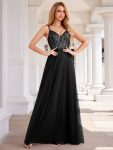 High-Waist V-Neck Sequined Bodice Sleeveless Backless Formal Evening Dress – Black