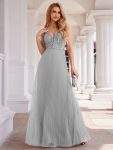 High-Waist V-Neck Sequined Bodice Sleeveless Backless Formal Evening Dress – Grey