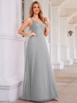 High-Waist V-Neck Sequined Bodice Sleeveless Backless Formal Evening Dress – Grey