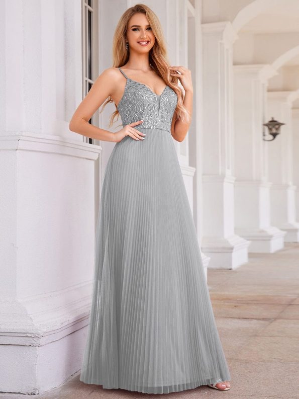 High-Waist V-Neck Sequined Bodice Sleeveless Backless Formal Evening Dress - Grey