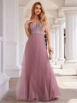 High-Waist V-Neck Sequined Bodice Sleeveless Backless Formal Evening Dress – Purple Orchid