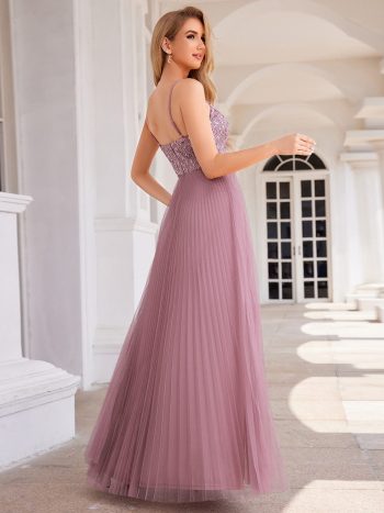 High-Waist V-Neck Sequined Bodice Sleeveless Backless Formal Evening Dress - Purple Orchid