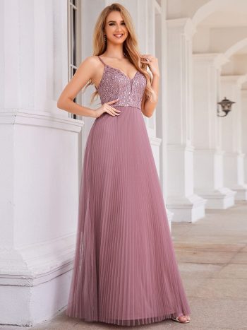 High-Waist V-Neck Sequined Bodice Sleeveless Backless Formal Evening Dress - Purple Orchid