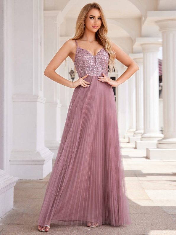 High-Waist V-Neck Sequined Bodice Sleeveless Backless Formal Evening Dress - Purple Orchid