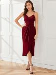 Elegant Pleated Tea Length High Stretch Backless Wedding Guest Dress – Burgundy