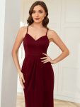 Elegant Pleated Tea Length High Stretch Backless Wedding Guest Dress – Burgundy