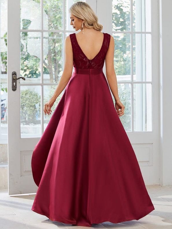 Elegant Sleeveless High-low Lace Top Wedding Guest Dress - Burgundy