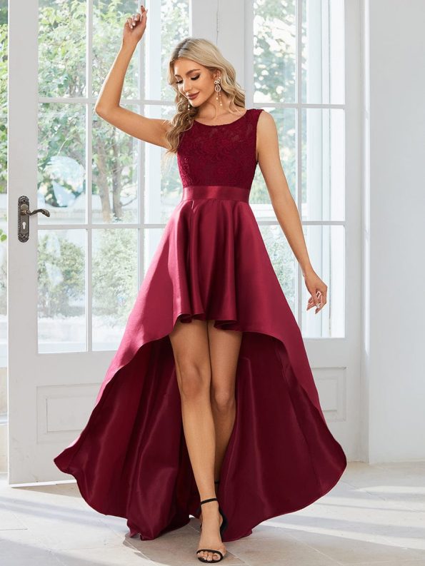 Elegant Sleeveless High-low Lace Top Wedding Guest Dress - Burgundy