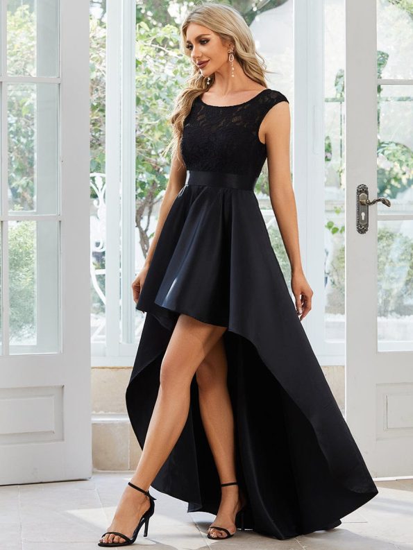 Elegant Sleeveless High-low Lace Top Wedding Guest Dress - Black