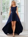 Elegant Sleeveless High-low Lace Top Wedding Guest Dress – Navy Blue