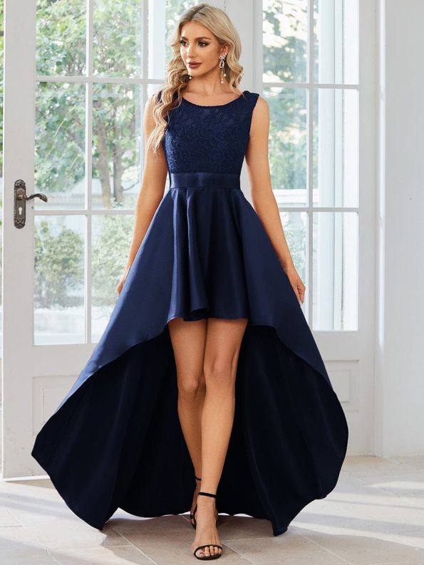 Elegant Sleeveless High-low Lace Top Wedding Guest Dress - Navy Blue