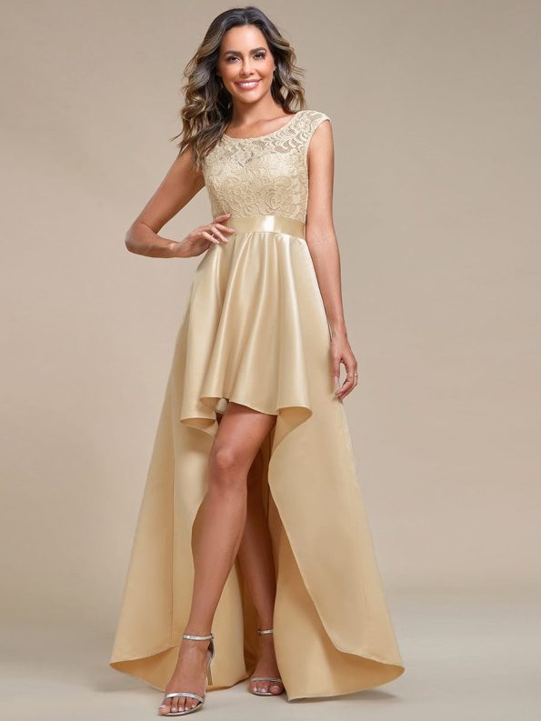 Elegant Sleeveless High-low Lace Top Wedding Guest Dress - Rose Gold