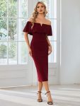 Off The Shoulder Bodycon Tea Length Wedding Guest Dress – Burgundy