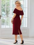 Off The Shoulder Bodycon Tea Length Wedding Guest Dress – Burgundy