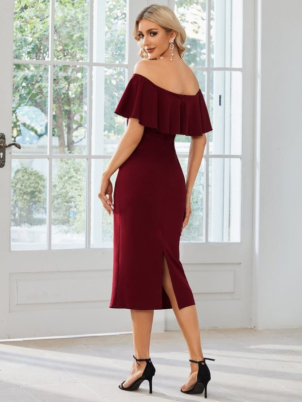 Off The Shoulder Bodycon Tea Length Wedding Guest Dress - Burgundy