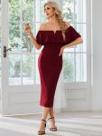 Off The Shoulder Bodycon Tea Length Wedding Guest Dress – Burgundy