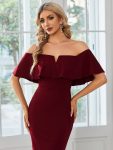 Off The Shoulder Bodycon Tea Length Wedding Guest Dress – Burgundy