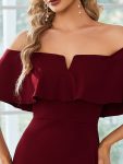 Off The Shoulder Bodycon Tea Length Wedding Guest Dress – Burgundy