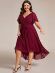 Plus Size Double V-Neck Ruffles Sleeve Chiffon Midi Wedding Guest Dress – Burgundy