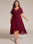 Plus Size Double V-Neck Ruffles Sleeve Chiffon Midi Wedding Guest Dress – Burgundy