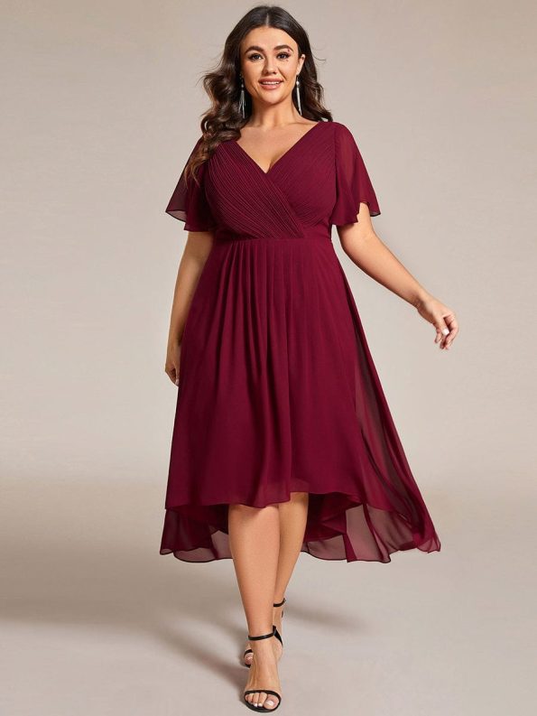 Plus Size Double V-Neck Ruffles Sleeve Chiffon Midi Wedding Guest Dress - Burgundy