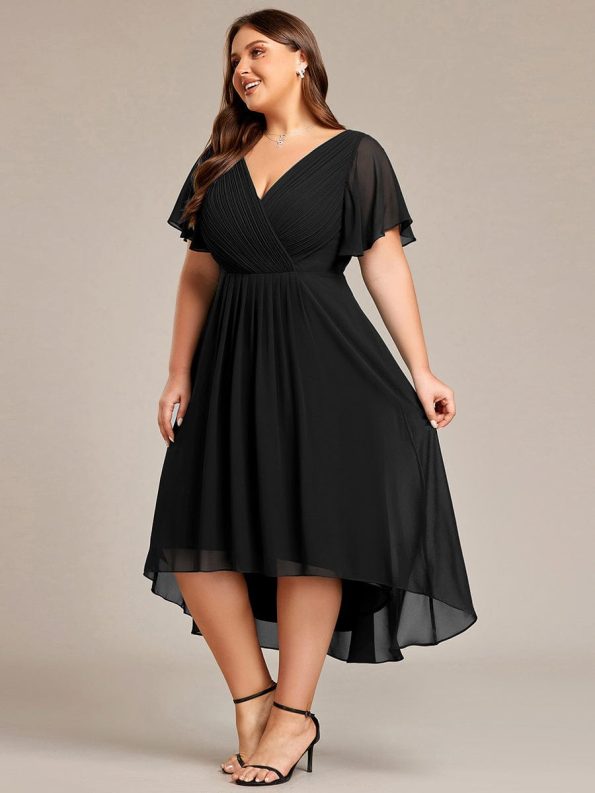 Plus Size Double V-Neck Ruffles Sleeve Chiffon Midi Wedding Guest Dress - Black