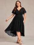 Plus Size Double V-Neck Ruffles Sleeve Chiffon Midi Wedding Guest Dress - Black