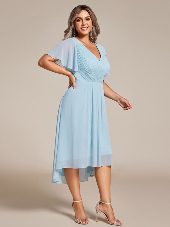 Plus Size Double V-Neck Ruffles Sleeve Chiffon Midi Wedding Guest Dress - Sky Blue