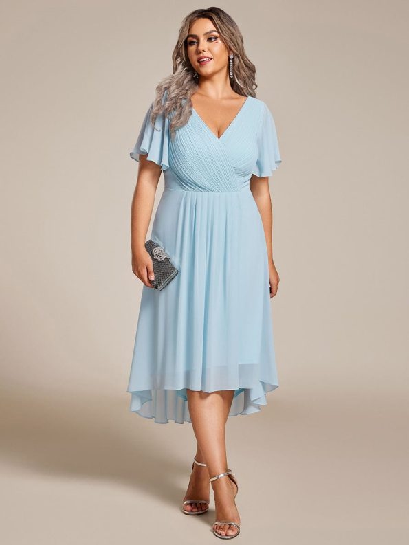 Plus Size Double V-Neck Ruffles Sleeve Chiffon Midi Wedding Guest Dress - Sky Blue