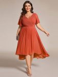 Plus Size Double V-Neck Ruffles Sleeve Chiffon Midi Wedding Guest Dress – Burnt Orange