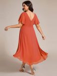 Chic V Neck Asymmetrical Hem Ruffles Sleeve Pleated Chiffon Wedding Guest Dress – Burnt Orange