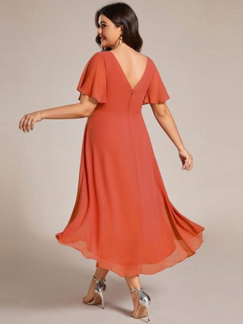 Plus Size Double V-Neck Ruffles Sleeve Chiffon Midi Wedding Guest Dress - Burnt Orange