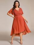 Chic V Neck Asymmetrical Hem Ruffles Sleeve Pleated Chiffon Wedding Guest Dress – Burnt Orange