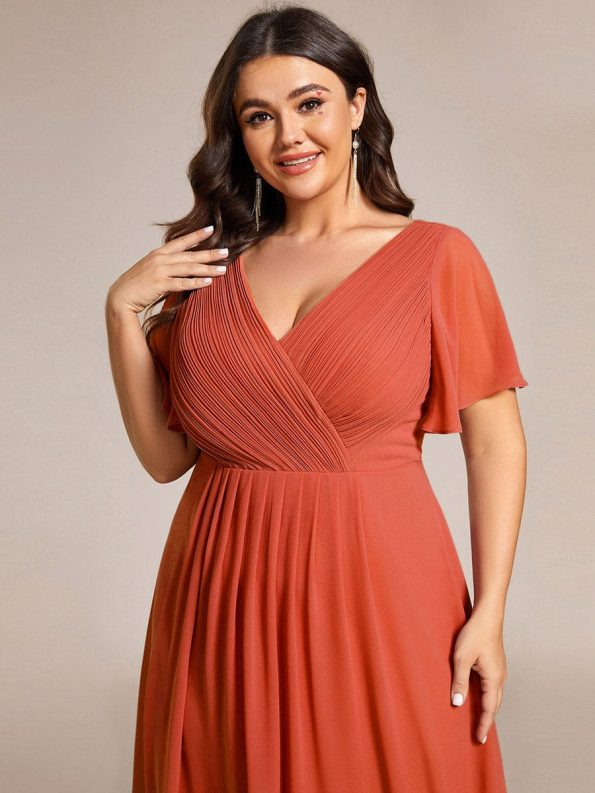 Chic V Neck Asymmetrical Hem Ruffles Sleeve Pleated Chiffon Wedding Guest Dress - Burnt Orange