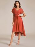 Chic V Neck Asymmetrical Hem Ruffles Sleeve Pleated Chiffon Wedding Guest Dress – Burnt Orange