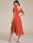 Chic V Neck Asymmetrical Hem Ruffles Sleeve Pleated Chiffon Wedding Guest Dress – Burnt Orange