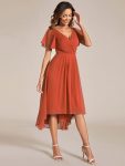 Chic V Neck Asymmetrical Hem Ruffles Sleeve Pleated Chiffon Wedding Guest Dress – Burnt Orange