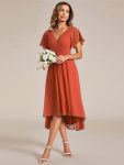 Chic V Neck Asymmetrical Hem Ruffles Sleeve Pleated Chiffon Wedding Guest Dress – Burnt Orange