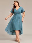 Plus Size Double V-Neck Ruffles Sleeve Chiffon Midi Wedding Guest Dress – Dusty Blue