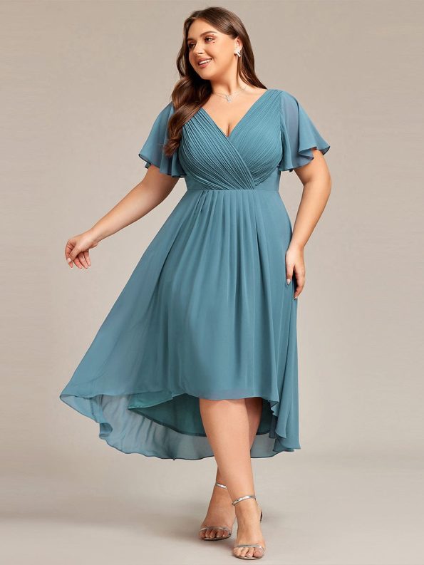 Plus Size Double V-Neck Ruffles Sleeve Chiffon Midi Wedding Guest Dress - Dusty Blue