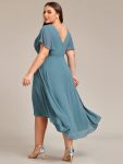 Chic V Neck Asymmetrical Hem Ruffles Sleeve Pleated Chiffon Wedding Guest Dress – Dusty Blue